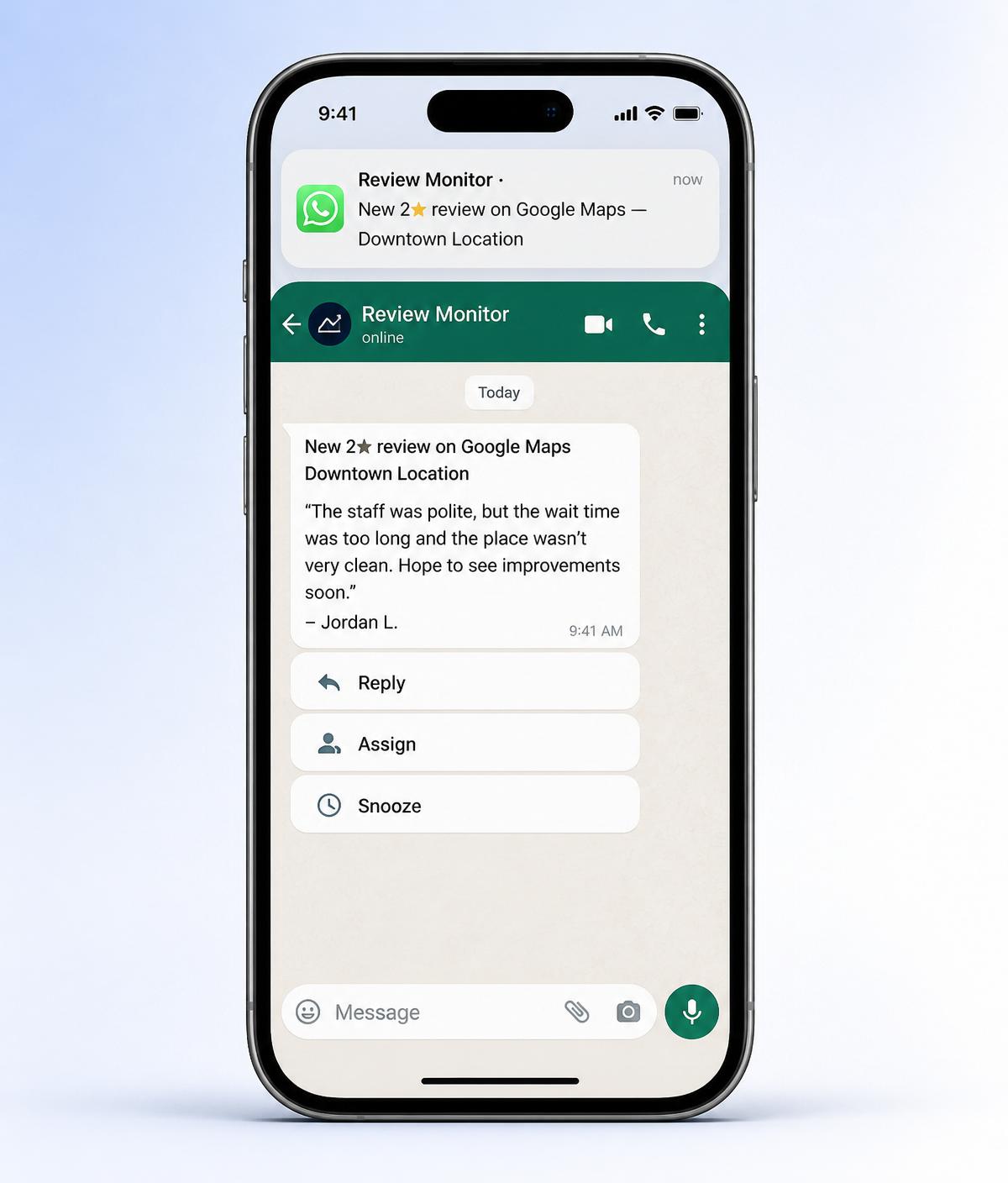 WhatsApp alert on a mobile phone for a new 2-star review